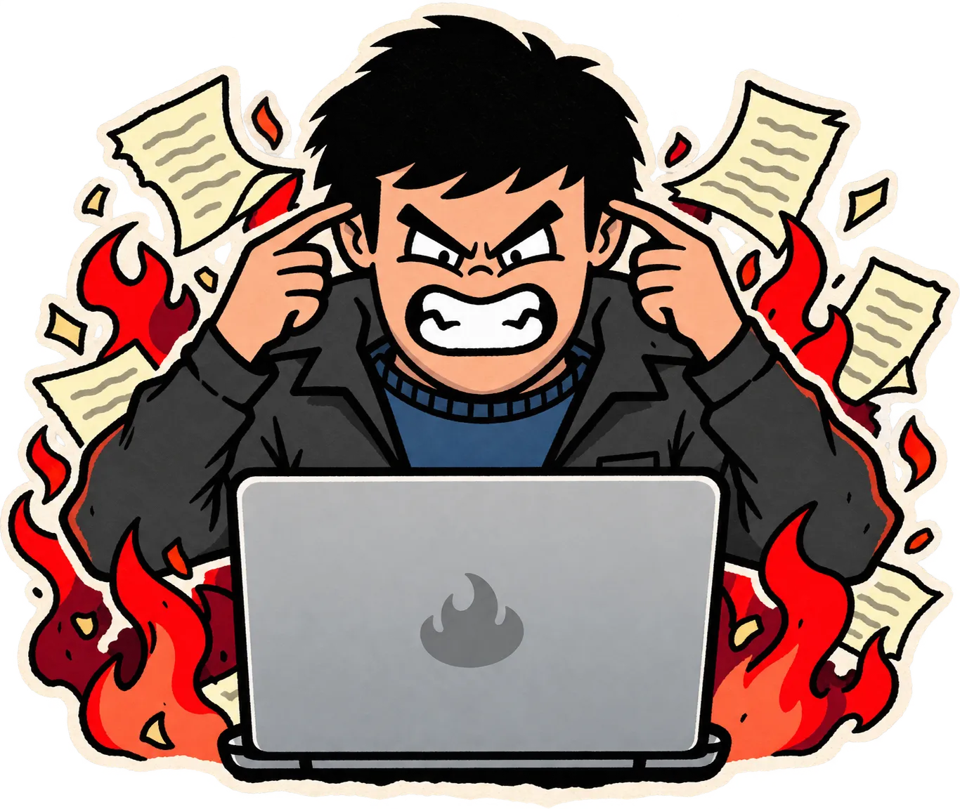 Curwen frente a su laptop, entre papeles y llamas